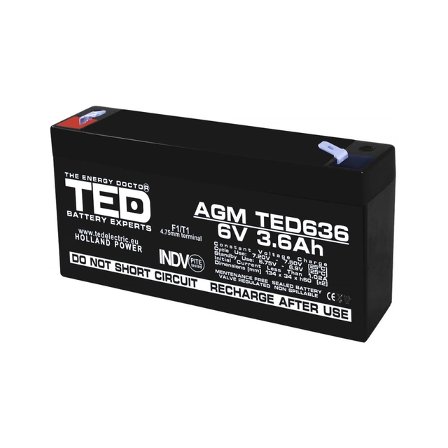 Acumulator AGM VRLA 6V 3,6A dimensiuni 133mm x 34mm x h 59mm F1 TED Battery Expert Holland TED002891 (20)