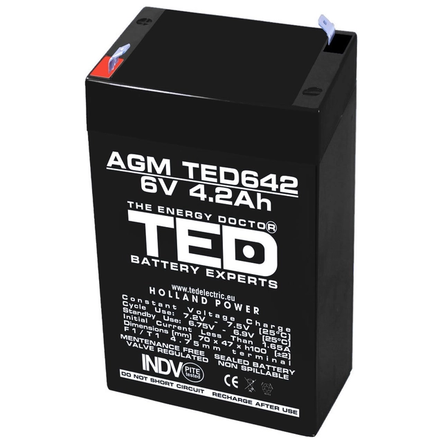 Acumulator AGM VRLA 6V 4,2A dimensiuni 70mm x 48mm x h 101mm F1 TED Battery Expert Holland TED002914 (20)