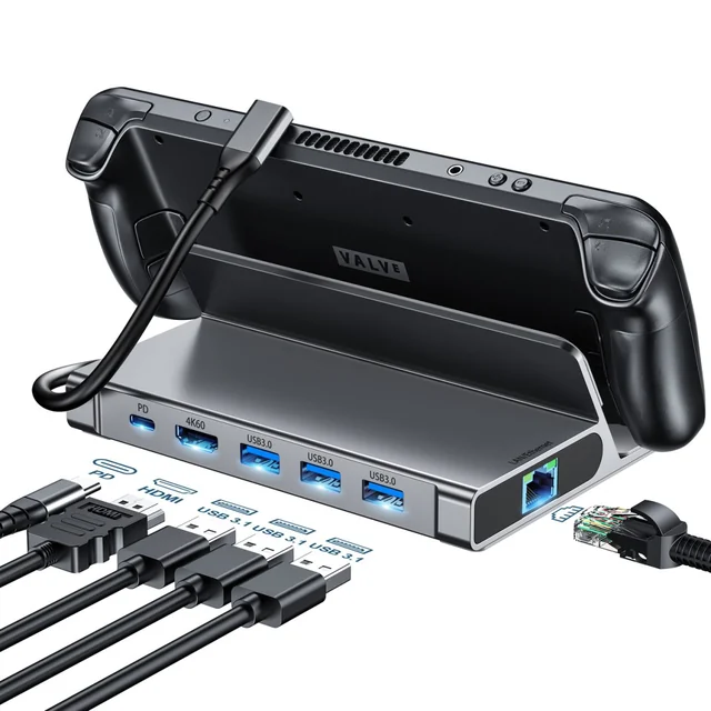 Adattatore HUB per Steam Deck USB-C USB-A HDMI RJ45 PD grigio