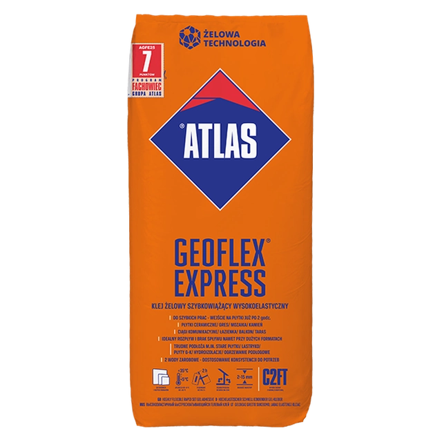 Adesivo em gel Atlas Geoflex Express, altamente flexível (2-15 mm), tipo C2FT 25kg