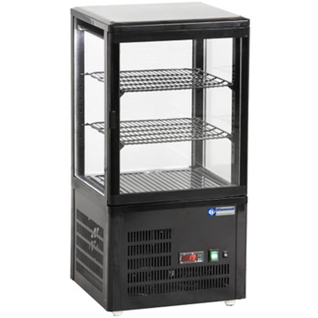 Adjustable refrigerated display case 4 glass sides 3 black shelves +4° +12°