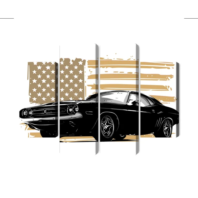 Afbeelding van een uit meerdere delen bestaande Amerikaanse Muscle Car met Amerikaanse vlag op de achtergrond