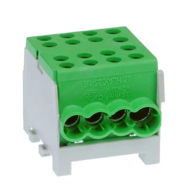 Afleiding verdeelklem 1 pool op DIN-rail omega 4 ingangen ( 1x35+3x25mm2) groen voor aarding