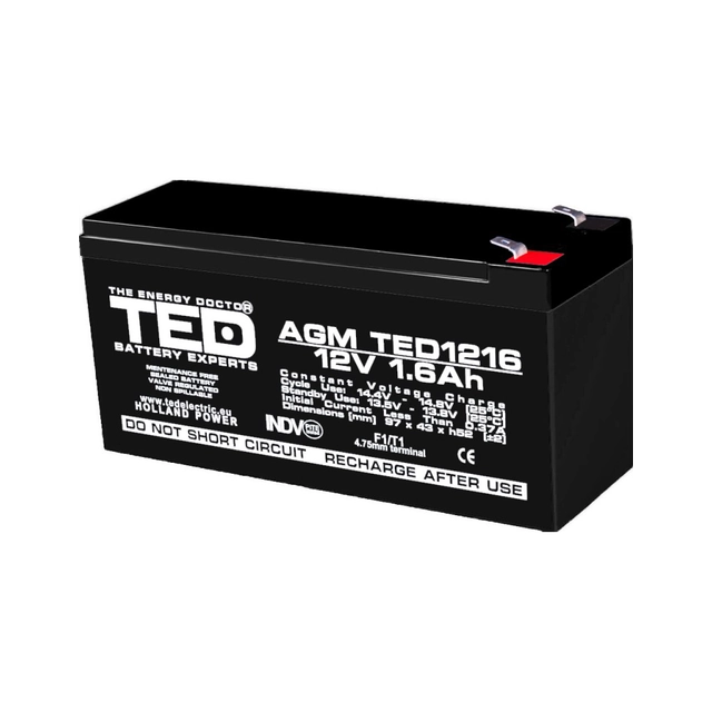 AGM VRLA akku 12V 1,6A koko 97mm x 47mm xh 50mm F1 TED Battery Expert Holland TED003072 (20)