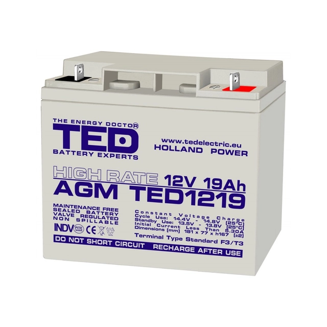 AGM VRLA akku 12V 19A Korkea korko 181mm x 76mm xh 167mm F3 TED Battery Expert Holland TED002815 (2)