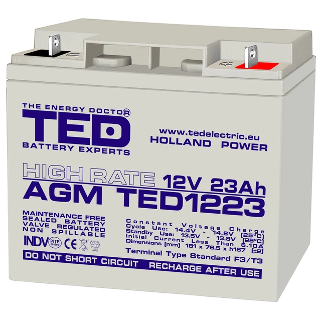 AGM VRLA akku 12V 23A Korkea korko 181mm x 76mm xh 167mm F3 TED Battery Expert Holland TED003348 (2)