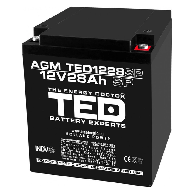 AGM VRLA akku 12V 28A erikoismitat 165mm x 125mm xh 175mm M6 TED Battery Expert Holland TED003430 (1)