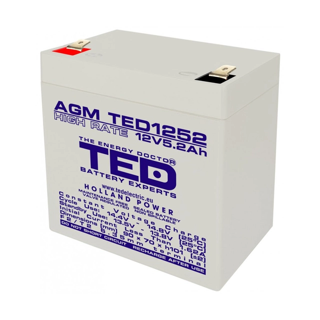 AGM VRLA akku 12V 5,2A Korkea korko 90mm x 70mm xh 98mm F2 TED Battery Expert Holland TED003287 (10)