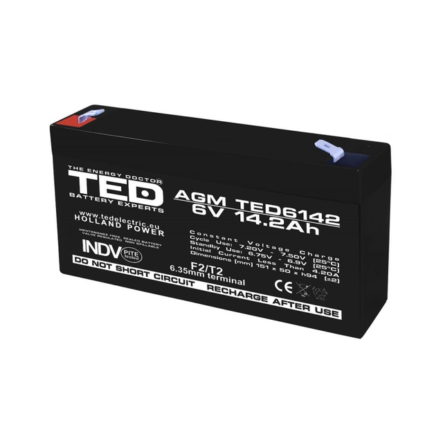 AGM VRLA akku 6V 14,2A koko 151mm x 50mm xh 95mm F2 TED Battery Expert Holland TED003034 (10)