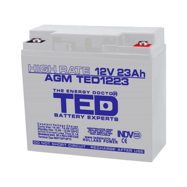 AGM VRLA akkumulátor 12V 23A Magas arány 181mm x 76mm xh 167mm M5 TED Battery Expert Holland TED003362 (2)