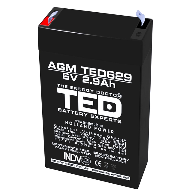 AGM VRLA akkumulátor 6V 2,9A méret 65mm x 33mm xh 99mm F1 TED Battery Expert Holland TED002877 (20)