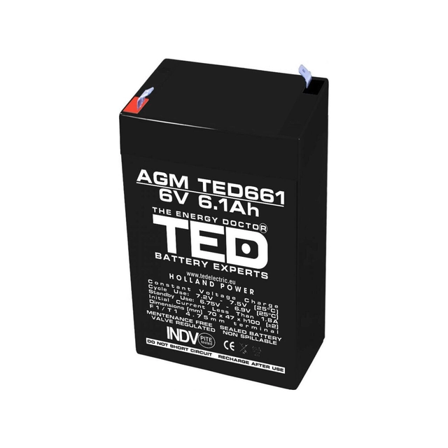 AGM VRLA akkumulátor 6V 6,1A méretek 70mm x 48mm x h 101mm F1 TED Battery Expert Holland TED002938 (20)