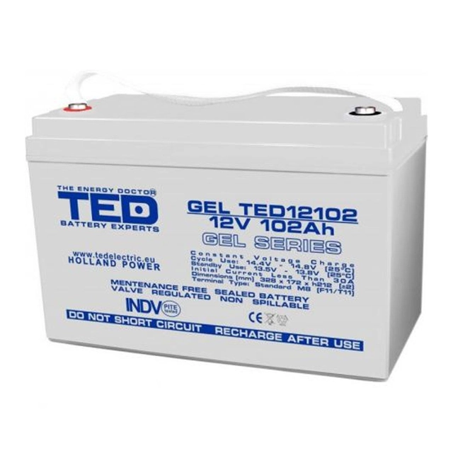 AGM VRLA aku 12V 102A GEL sügav tsükkel 328mm x 172mm xh 214mm F12 M8 TED Battery Expert Holland TED003492 (1)