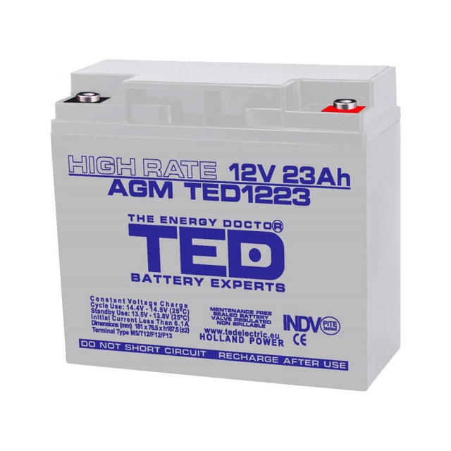 AGM VRLA aku 12V 23A Kõrge määr 181mm x 76mm xh 167mm M5 TED Battery Expert Holland TED003362 (2)