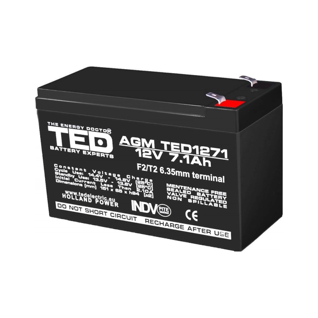 AGM VRLA aku 12V 7,1A suurus 151mm x 65mm xh 95mm F2 TED Battery Expert Holland TED003225 (5)