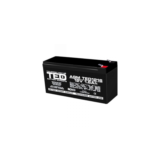 AGM VRLA akumulators 12V 1,6A izmēri 97mm x 47mm x h 50mm F1 TED Battery Expert Holland TED003072 (20)