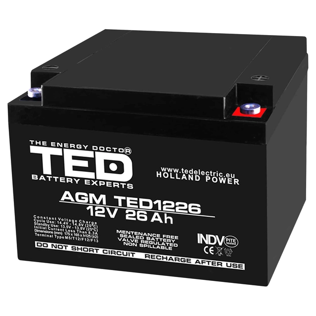 AGM VRLA akumulators 12V 26A izmēri 165mm x 175mm x h 126mm M5 TED Battery Expert Holland TED003638 (1)