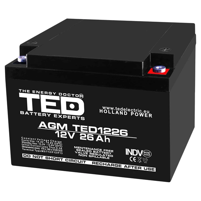 AGM VRLA батерия 12V 26A размери 165mm x 175mm x h 126mm M5 TED Battery Expert Holland TED003638 (1)