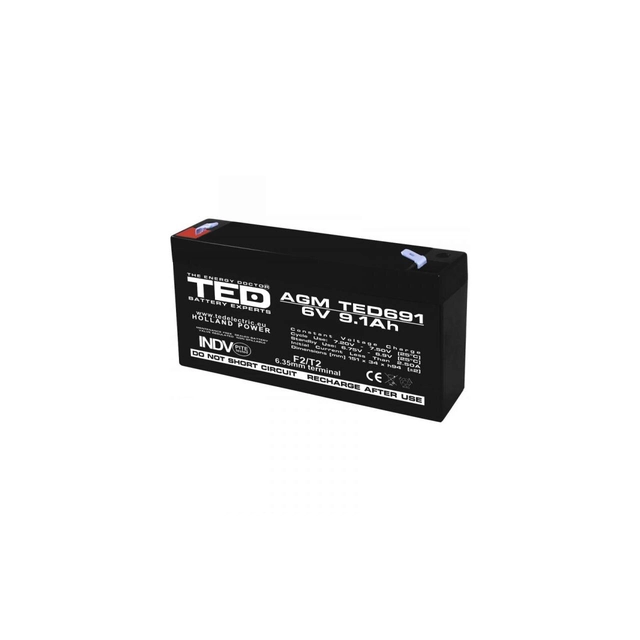 AGM VRLA батерия 6V 9,1A размери 151mm x 34mm x h 95mm F2 TED Battery Expert Holland TED002990 (10)