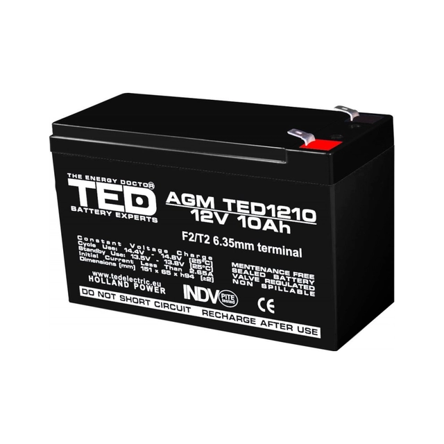 AGM VRLA батерия12V 10A размер151mm х65mm xh 95mm F2 TED Battery Expert ХоландияTED002730 (5)