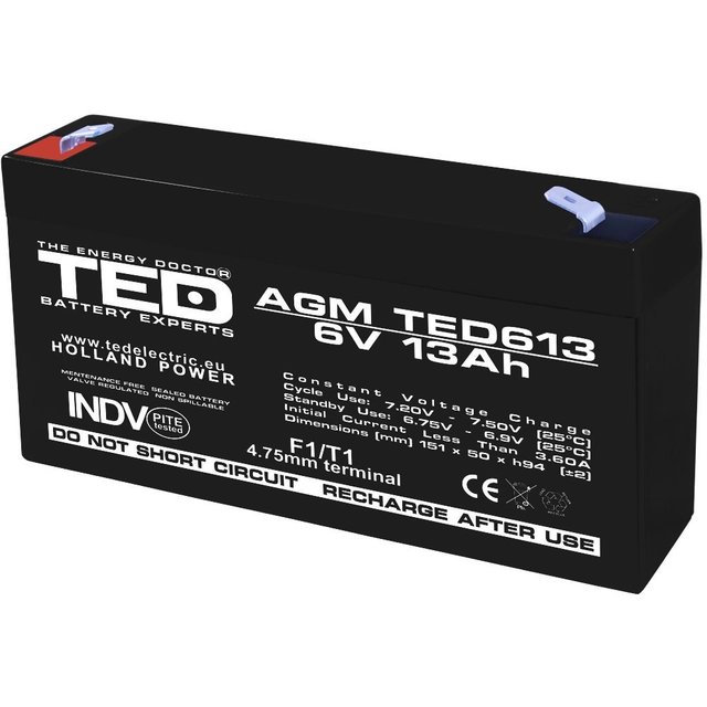 AGM VRLA батерия6V 13A размер151mm х50mm xh 95mm F1 TED Battery Expert ХоландияTED003010 (10)