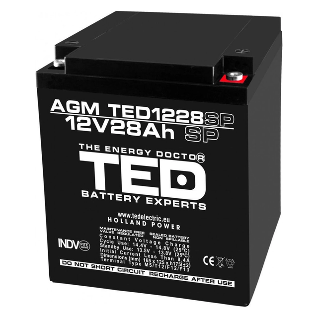 AGM VRLA baterija 12V 28A specialūs matmenys 165mm x 125mm xh 175mm M6 TED baterijų ekspertas Olandija TED003430 (1)