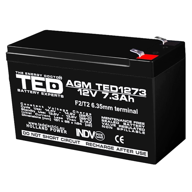 AGM VRLA baterija 12V 7,3A dydis 151mm x 65mm xh 95mm F2 TED baterijų ekspertas Olandija TED003249 (5)
