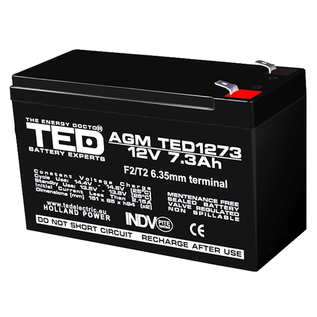 AGM VRLA baterija 12V 7,3A velikost 151mm x 65mm xh 95mm F2 TED Battery Expert Nizozemska TED003249 (5)