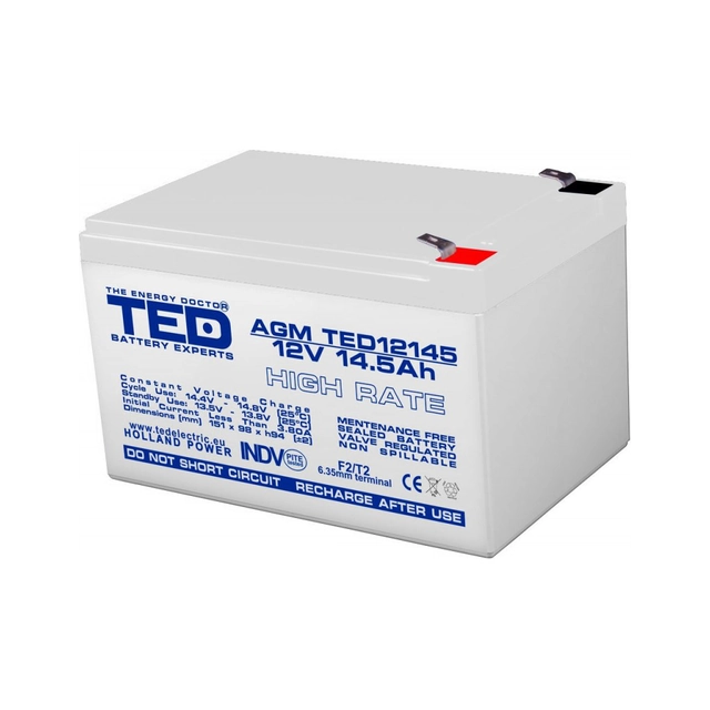 AGM VRLA batteri 12V 14,5A Høj rate 151mm x 98mm xh 95mm F2 TED batteriekspert Holland TED002792 (4)