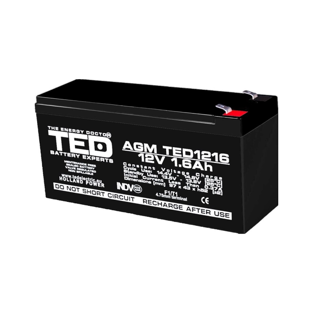 AGM VRLA batteri 12V 1,6A storlek 97mm x 47mm xh 50mm F1 TED batteriexpert Holland TED003072 (20)