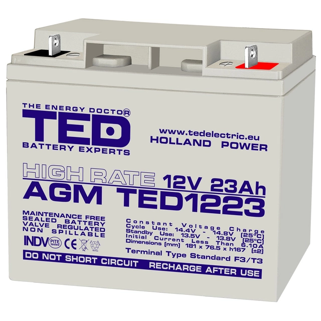 AGM VRLA batteri 12V 23A Høj rate 181mm x 76mm xh 167mm F3 TED batteriekspert Holland TED003348 (2)