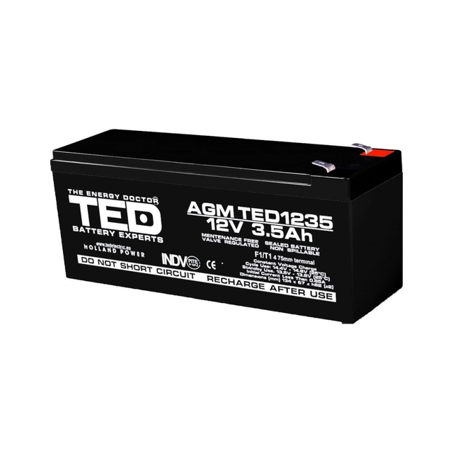 AGM VRLA batteri 12V 3,5A størrelse 134mm x 67mm xh 60mm F1 TED batteriekspert Holland TED003133 (10)