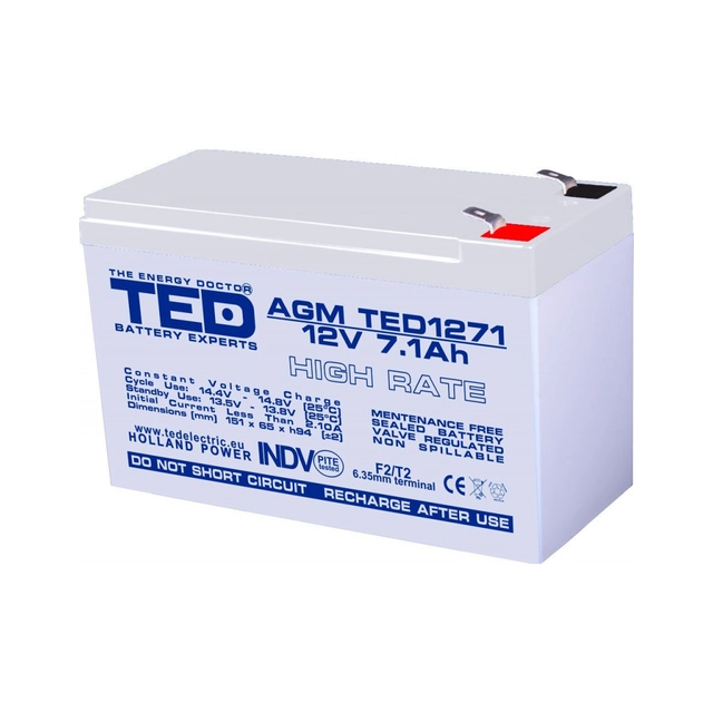 AGM VRLA batteri 12V 7,1A Hög hastighet 151mm x 65mm xh 95mm F2 TED batteriexpert Holland TED003300 (5)