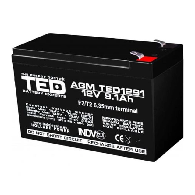 AGM VRLA batteri 12V 9,1A storlek 151mm x 65mm xh 95mm F2 TED batteriexpert Holland TED003263 (5)