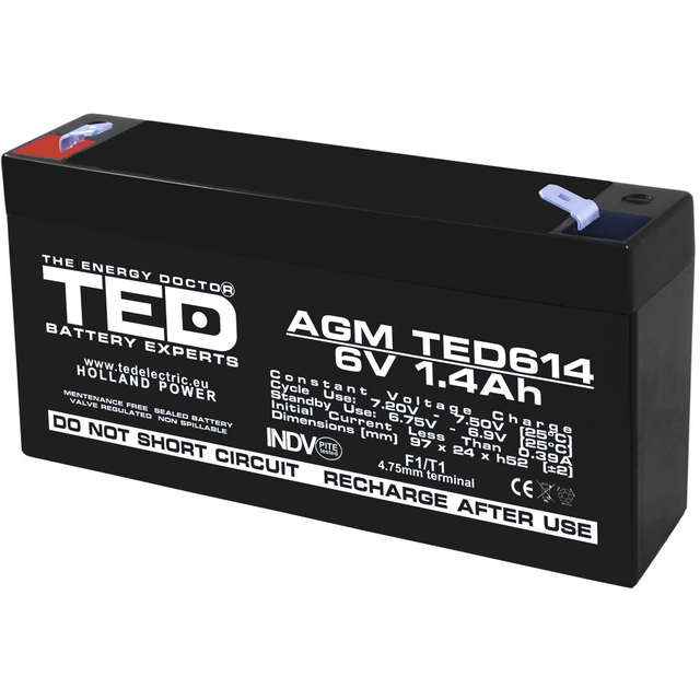 AGM VRLA batteri 6V 1,4A størrelse 97mm x 25mm xh 54mm F1 TED batteriekspert Holland TED002839 (40)