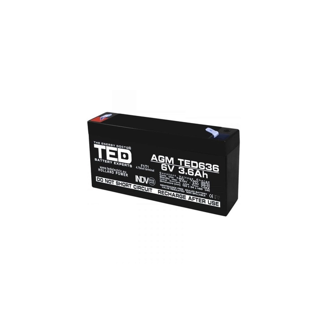 AGM VRLA batteri 6V 3,6A dimensioner 133mm x 34mm x h 59mm F1 TED Batteriekspert Holland TED002891 (20)