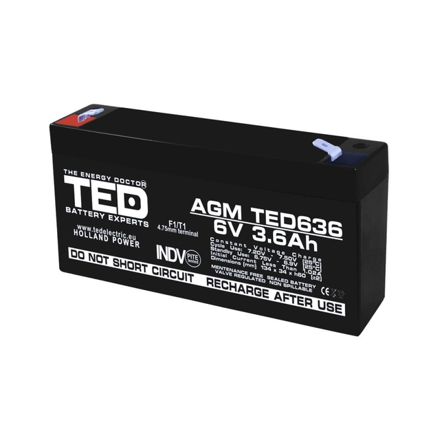 AGM VRLA batteri 6V 3,6A storlek 133mm x 34mm xh 59mm F1 TED batteriexpert Holland TED002891 (20)