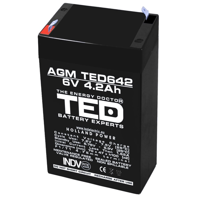 AGM VRLA batteri 6V 4,2A størrelse 70mm x 48mm xh 101mm F1 TED batteriekspert Holland TED002914 (20)