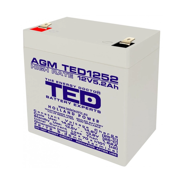 AGM-VRLA-Batterie 12V 5,2A Hohe Rate 90mm X 70mm xh 98mm F2 TED Batterieexperte Holland TED003287 (10)