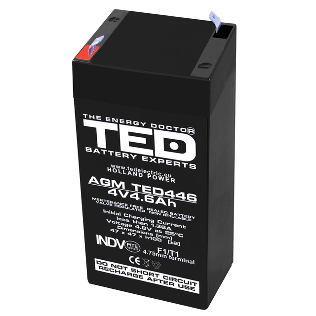 AGM-VRLA-Batterie 4V 4,6A Größe 47mm x 47mm xh 100mm F1 TED Batterieexperte Holland TED002853 (30)