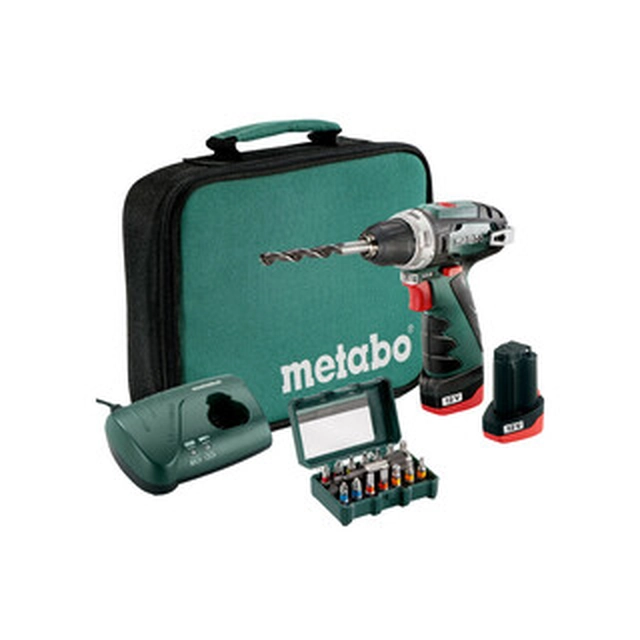 Aku vŕtací skrutkovač Metabo PowerMaxx BS so skľučovadlom 12 V | 17 Nm/34 Nm | Uhlíková kefa | 2 x 2 Ah batéria + nabíjačka | V kartónovej krabici