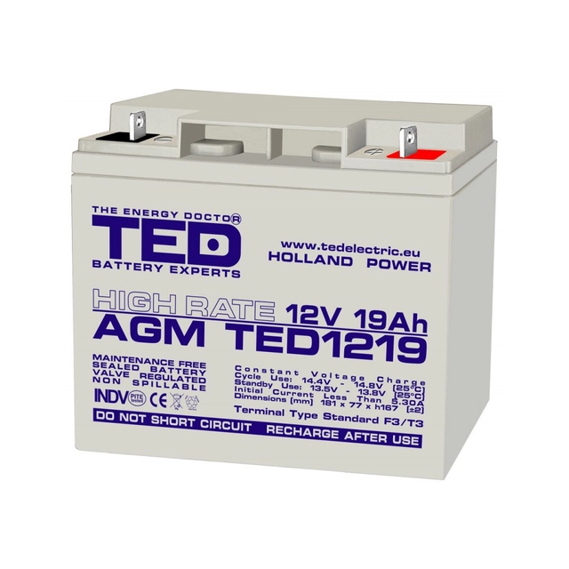 Akumulator AGM VRLA 12V 19A Wysoka ocena 181mm X 76mm xh 167mm F3 TED Battery Expert Holland TED002815 (2)