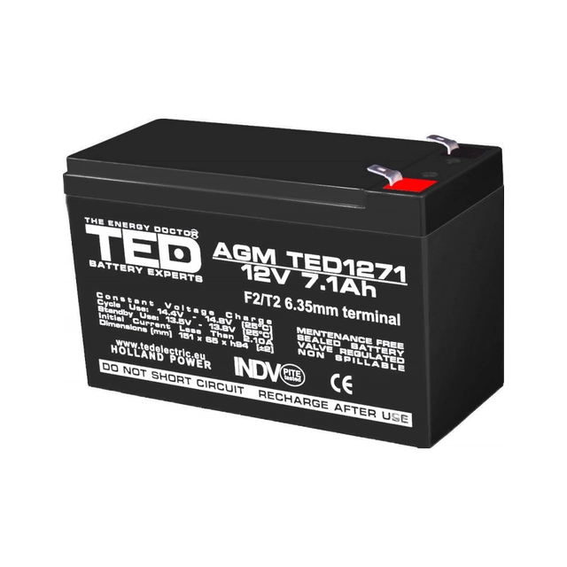 Акумулятор AGM VRLA 12V 7,1A розміри 151mm x 65mm x h 95mm F2 TED Battery Expert Holland TED003225 (5)