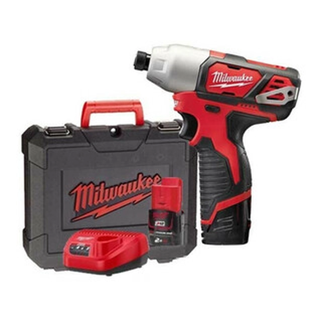 Акумулаторен ударен винтоверт Milwaukee M12BID-202C с държач за битове 12 V | 112 Nm | 1/4 бита | Карбонова четка | 2 x 2 Ah батерия + зарядно | В куфар