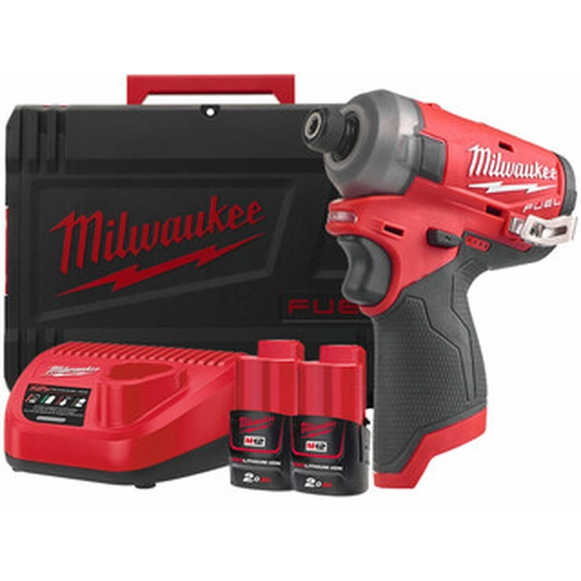 Акумулаторен ударен винтоверт Milwaukee M12FQID-202X с държач за битове 12 V | 50 Nm | 1/4 битове | Карбон без четки | 2 x 2 Ah батерия + зарядно | В случай на тежък режим