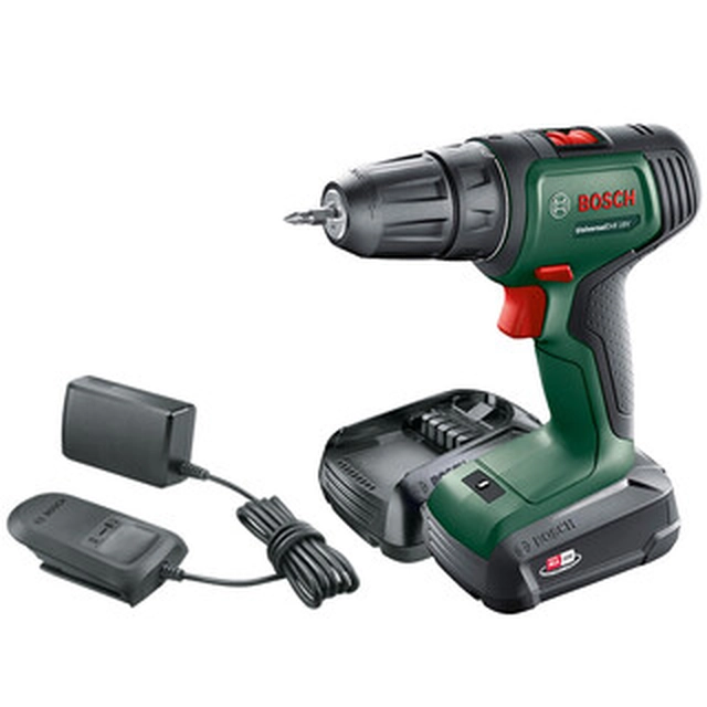 Акумуляторна дриль-шуруповерт Bosch UniversalDrill 18V-EC з патроном 18 V | 60 Нм | Вугільна щітка | 2 x 2 Ач акумулятор + зарядний пристрій | У валізі