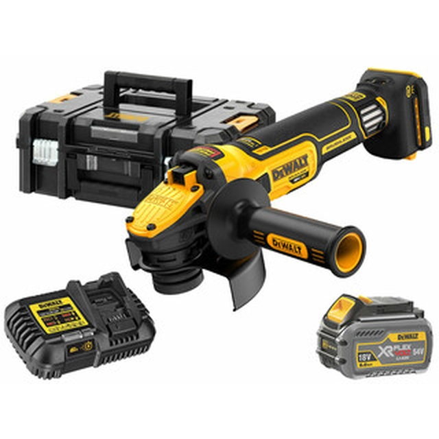 Akumulatorowa szlifierka kątowa DeWalt DCG409VST1-QW 18 V | 125 mm | 3000 do 9000 obr/min | Bezszczotkowy węglowy | 1 x 6 Ah akumulator + ładowarka | TSTAK w walizce