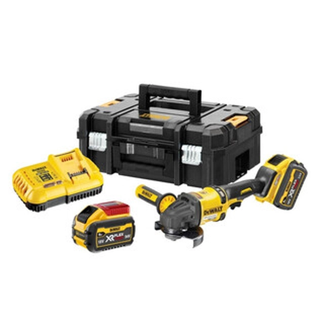 Akumulatorowa szlifierka kątowa DeWalt DCG418X2-QW 54 V | 125 mm | 9000 obr./min | Bezszczotkowy węglowy | 2 x 9 Ah akumulator + ładowarka | W walizce