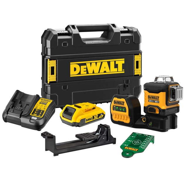 Akumuliatorinio kryžminio lazerinio nivelyro DeWalt DCE089D1G18 rinkinys, 18 V, 1x2,0Ah, įkroviklis + lagaminas