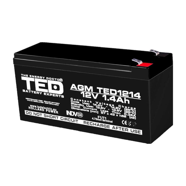 Akumuliatorius AGM VRLA 12V 1,4A matmenys 97mm x 47mm x h 50mm F1 TED Battery Expert Holland TED002716 (20)
